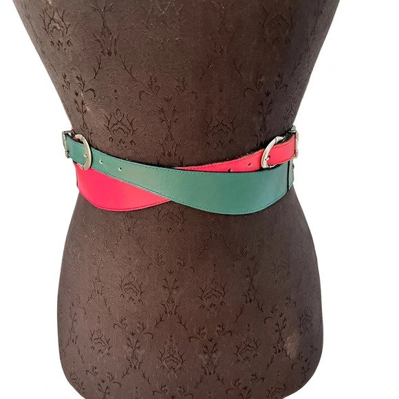 Vintage Accessories - Vintage 1980s Double Buckle Teal and Pink/Red Leather Belt 24”-26” Waist Small